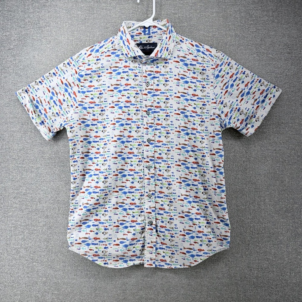 Robert Graham Tailored Fit Shirt Men Medium Short Sleeve White Fish Print
